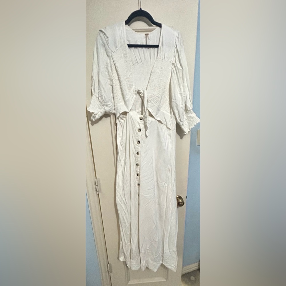 Free People White Button-Front Midi Dress with Tie Bodice